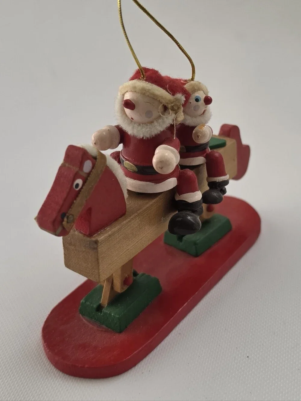 Two Santa Rocking Horse Wooden Christmas Ornament Folk Art Holiday Decor